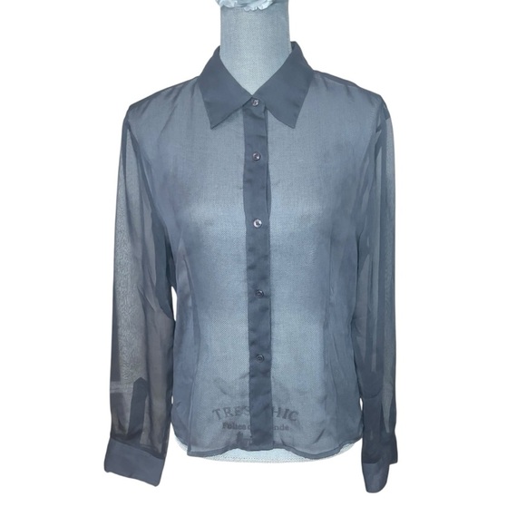 EXPRESS Gray Long Sleeve Fitted Polyester Chiffon Button-Up Shirt Blouse 11 /12 - Picture 1 of 8